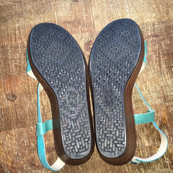 SAS Delight Cross Strap Wedge Sandal Womens 8W Turquoise Web Leather Comfort - Picture 5 of 9